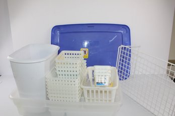 Tote And Basket Lot -28 Quart With Lid, Trash Can, Rack, Lots Of Trays
