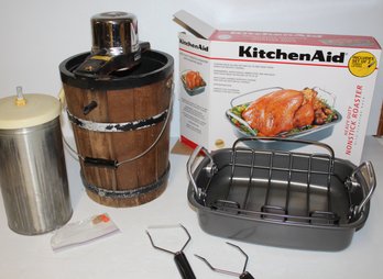 Kitchen Aid Turkey Roaster W/lifters, Montgomery Ward Electric Ice Cream Maker (powers Up)