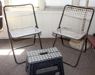 2 Metal Folding Chairs And Small Folding Stool