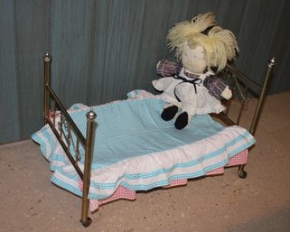 Vintage Brass Doll Bed With Hand Stitch Doll, Bed Is In Good Shape For Age 24x18