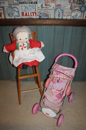Vintage Fisher Price Doll Stroller And Solid Wood High Chair 30.5 In Tall Plus Cloth Christmas Doll