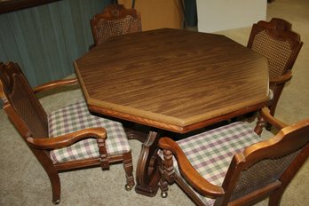 Vintage Octagon Formica Burlington House Game Table With Four Cane Back Cloth Chairs On Rollers