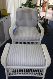 Plastic Wicker Style Chair With Footstool - Great Shape-some Discoloration And Tears On Cushions