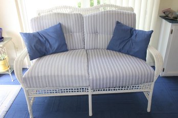 Plastic Wicker Style Loveseat -some Discoloration And Tears On Cushions- Sun Damage On Back 52x31