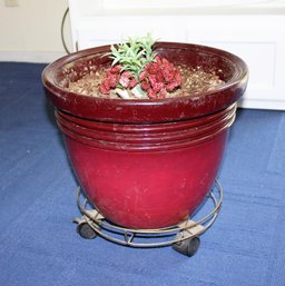Burgundy Plastic Pot With Rolling Stand And Plastic Plant 15.5 X 13-in Tall