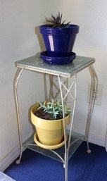 12 X 12 Metal Frame With Glass Shelves, Plant Stand & Two Ceramic Pots With Plastic Plant And Succulent