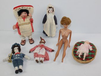 Six Miscellaneous Dolls, Midge Barbie, Four With Porcelain Hands, Face, And Feet