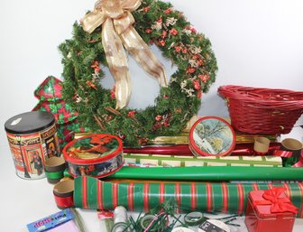 Christmas Paper, Wreath, Tins, Basket And Miscellaneous