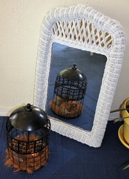 Wicker Mirror 17x28 And Metal Decorative Bird Cage