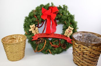Christmas Wreath, Bears Have Some Deterioration And Two Baskets