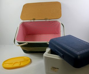 Gott Cooler And Vintage Picnic Basket With Metal Handle And Three Plastic Trays