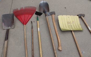 Metal Snowshovel (needs New Edge), Rake, Shovels, Hoe, Sledge Hammer