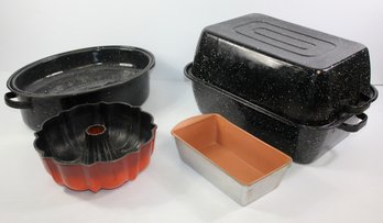 Two Covered Enamel Roasters, Bundt And Bread Pan