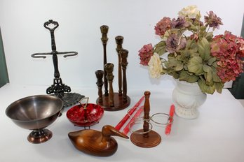 Miscellaneous Decor, Copper Bowl, Wood Duck, Wood Candle Holder, Plastic Flower Pot, Bandana Bowl