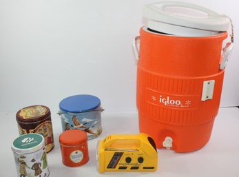 Igloo Water Cooler, AM/FM Light Radio With Siren, Tins