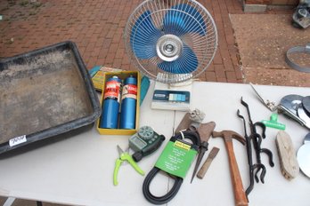 2 Propane Torch Tanks, Low Voltage Outdoor Lighting Cable, 5 Buick Center Caps, 2'x1.5 Tote & Sm Fan