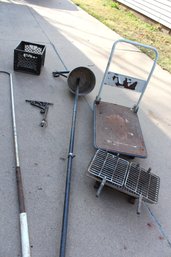 Yard Miscellaneous - Cart, Two Pipes For Bird Feeder, Plastic Tote, Heavy Older Hibachi  With Some Rust