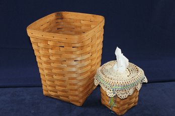 Two Longaberger Baskets - One Trash Can 12-in Tall, Kleenex