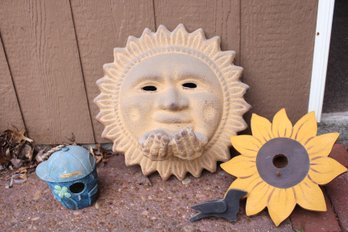 Terracotta Sun And Two Birdhouse - One Needs Bird Reattached
