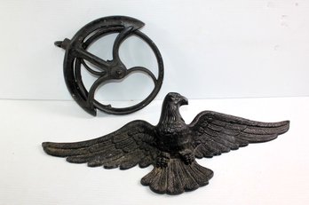 Vintage Cast Iron Pulley Wheel-  Missing Spoke, Cast Iron Eagle