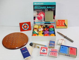 Billiard Balls Mixed Set, And Some Cards And Wood Solitaire Marble Board, Radix Map Measurer