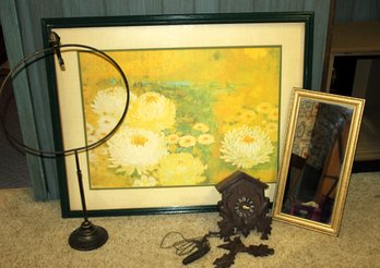 Large Picture 38x31, Wreath Holder, Cuckoo Clock, Missing Weight And Broken Pieces, 10x21 Mirror