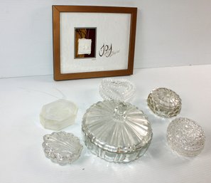 Multiple Glass Lidded Dishes And A Joy Wall Hanging