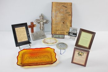 Group Of Crosses, Plaques Etc And Vintage Amber Last Supper Dish