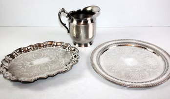Antique Silver Plated Water Pitcher Poole Silver Co. :23, 8-in Tall Plus 2 Leonard Silver Plated Serving Trays