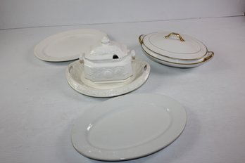 Serving Pieces -1960s Japan Soup Tureen, Platter, 2 White Oval Platters, Nippon Covered Casserole