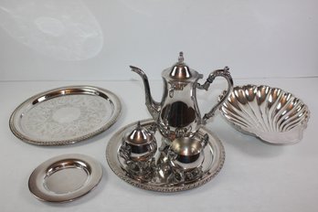 Oneida Serving Tray With Coffee, Sugar And Creamer Plus Silver Plated Serving Pieces