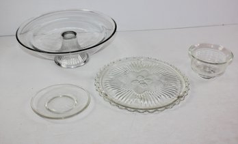 Glass Pieces -pedestal Cake Platter 12.75 In, Indiana Glass Tray 11 Inch, Flower Pattern, Clear Saucer, Bowl