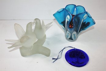 Clear Glass Birds And Blue Blown Glass Vase