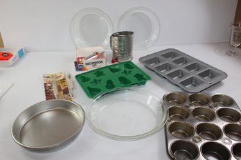 Three Glass Pie Plates, , One Has Chip Muffin And Mini Loaf Tins, Jell-O Mold, Sifter Etc