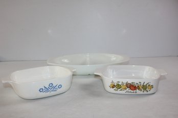 Divided Pyrex And Two Corning Dishes