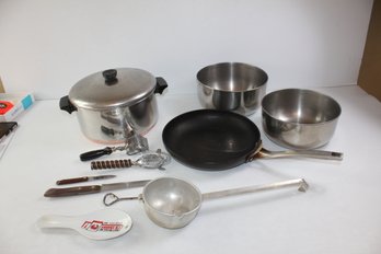 Revere 6 Quart With Lid, Two Stainless Bowls, Skillet, Miscellaneous Utensils