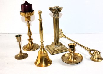 Brass Snuffer, Bell, 4 Candlesticks