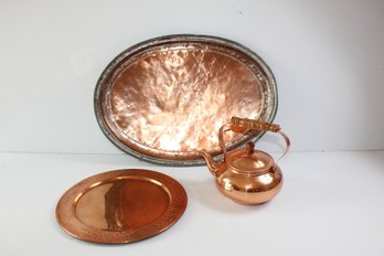 Copper Pieces, Large Tray From Iran With Copper Finish, Teapot And Small Platter