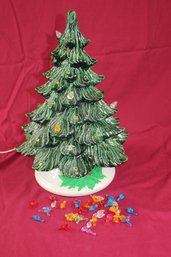 Ceramic Lighted Tree With Plastic Ornaments, Some Chipped