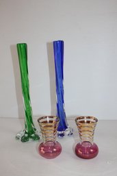 Two Vintage Bartlett Collins Vases And Two Twisted Glass Vases With Elephant Feet