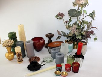 Lots Of Candles Holders And Silk Arrangement In Brass Bowl