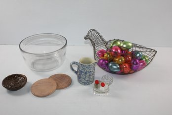 Metal Chicken With Eggs, Bowl With Chip, Salt And Pepper In Glass Dish, Small Pitcher By  -see Description