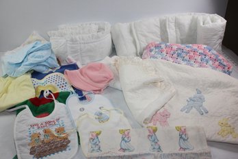 Vintage Baby Bedding, Bibs, Hat, Blanket