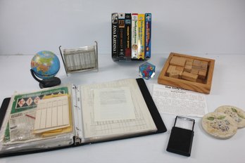 Some VHS, Game Notebook, Coin Catcher, Globe Etc