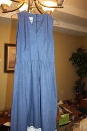 Comfy Long Dress, Denim Color With White Border And Apple Applique Size 8