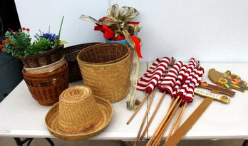 Multiple Flags, Baskets, Outdoor Decor