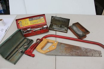 Miscellaneous Sockets, Sharpening Stone, Two Saws One With No Blade