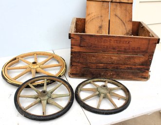 Antique Eatmor  Cranberries Wood Box  -3 Antique Wheels Two Are 10-in, One Is 14 In