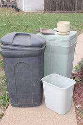 Three Garage Trash Cans, Dustpan, Plastic Pot