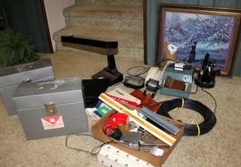 2 Personal File Boxes, Old Calculator, Desk Lamp, Works, Electrical Cord, Picture Etc